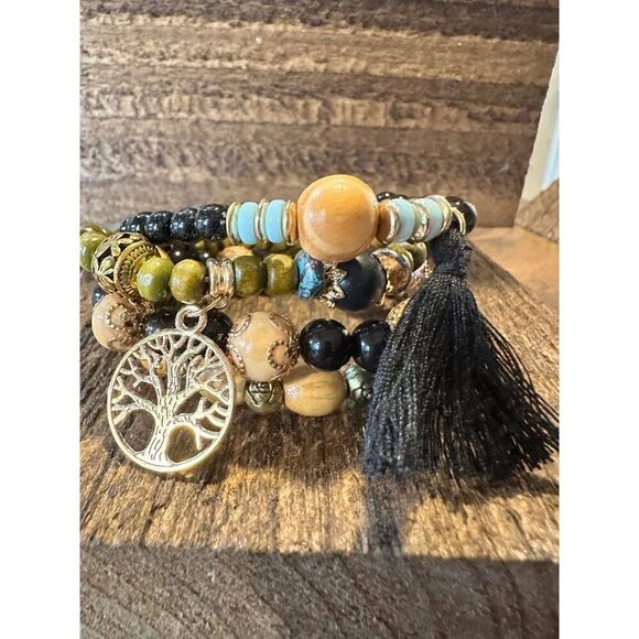 Boho Hippie Bracelet, Tassel Tree Of Life Pendant Stacked Wooden Bead Stretch B - Picture 4 of 8